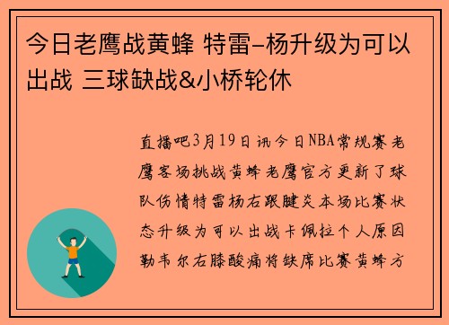 今日老鹰战黄蜂 特雷-杨升级为可以出战 三球缺战&小桥轮休